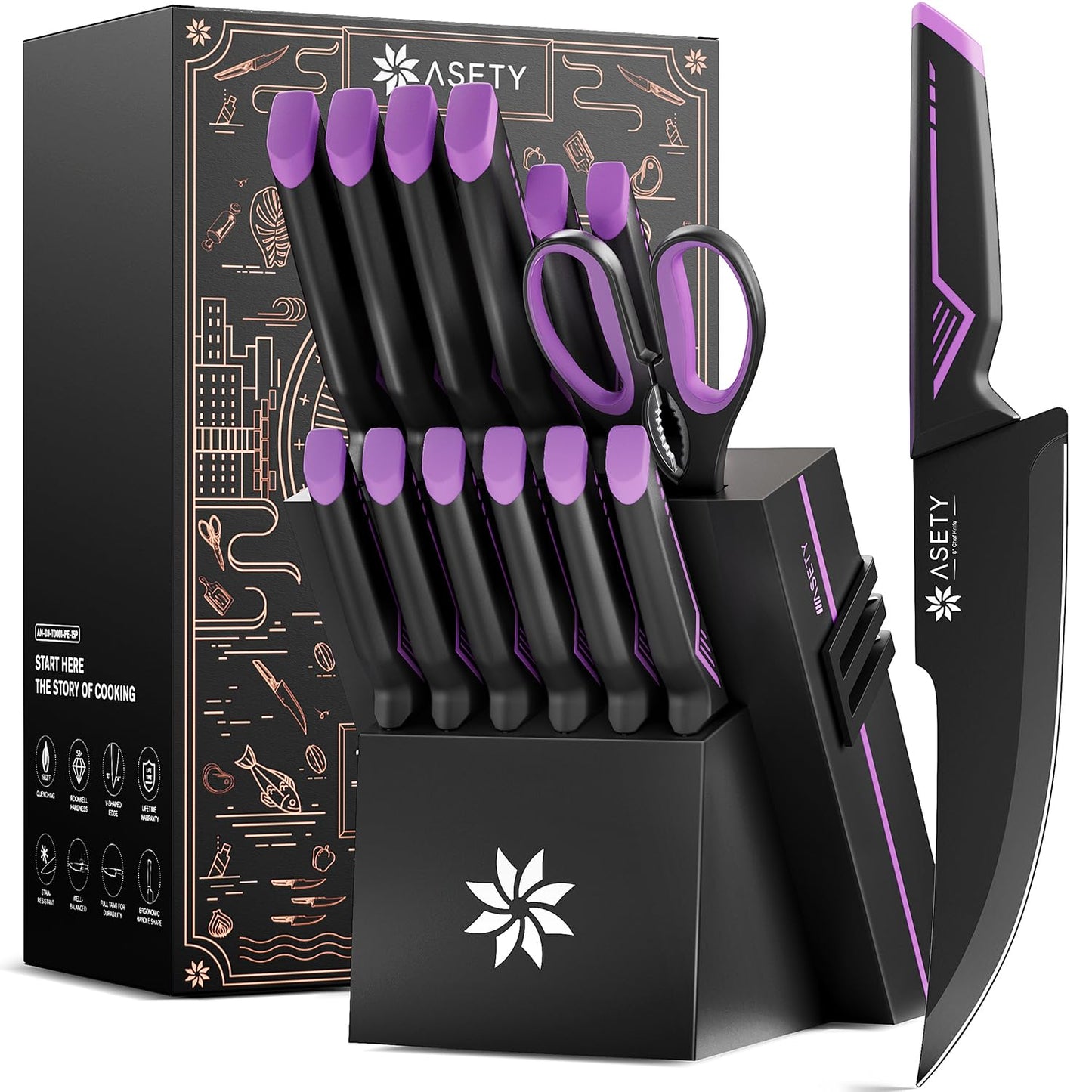 Knife Set - 15 PCS Kitchen Knife Set with Built-in Knife Sharpener Block - Stainless Steel Knife Block Set - Dishwasher Safe, Elegant Box for Men Women, Mothers Day