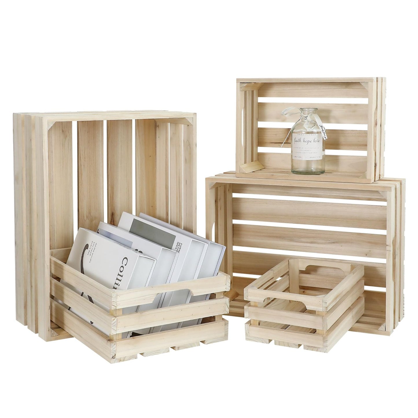 MACVAD 5-Piece Rustic Wooden Crates Unfinished Set, Wall Mountable Slatted Storage Crates with Handles, Farmhouse Wooden Crates for Display & Organizer for Home Decor