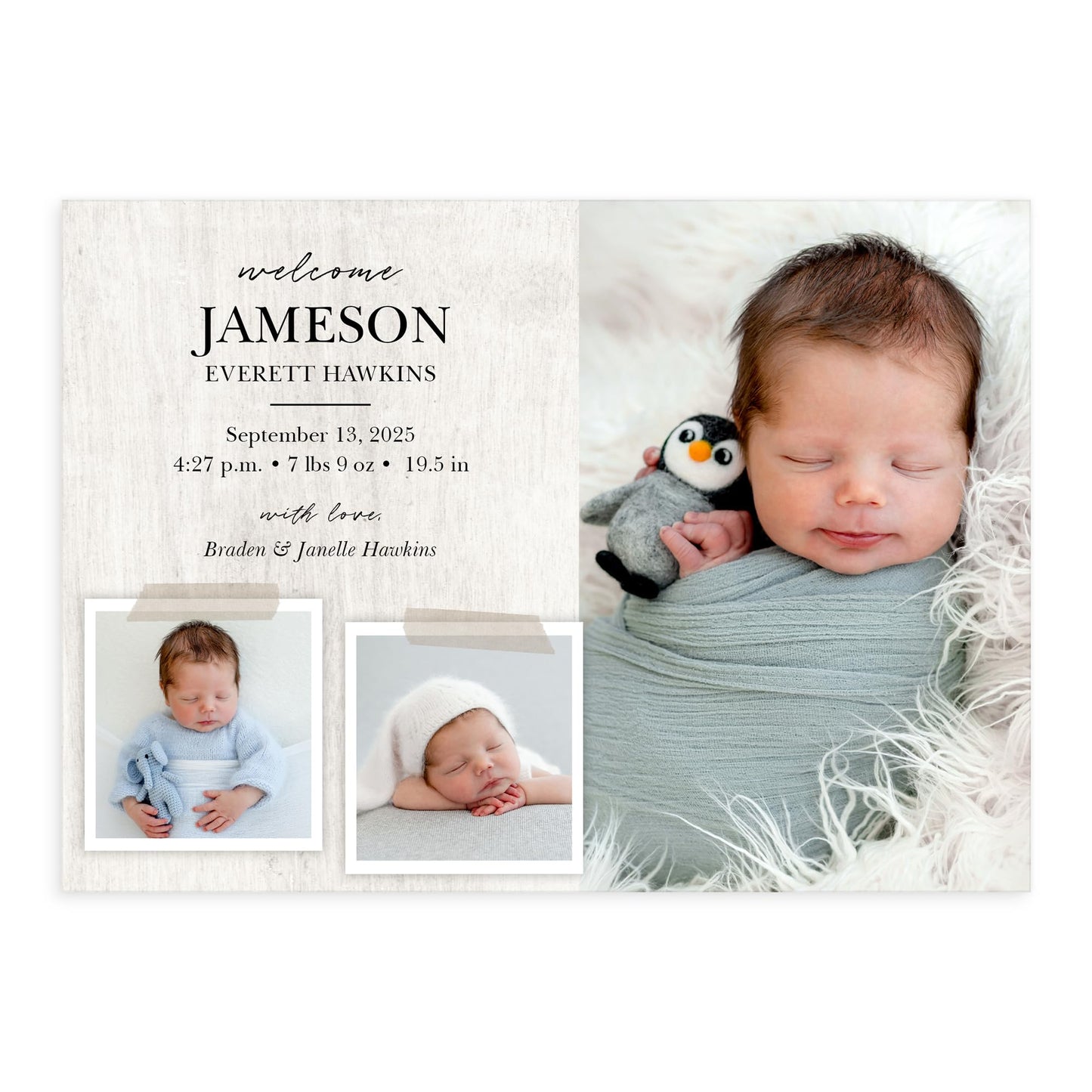 Let's Make Memories Personalized Baby Announcement Cards - Birth, Adoption - Boy, Girl - Premium Quality Custom Photo Cards for Mailing - 5x7 - Includes White Envelopes - Rustic Collage - 75 ct