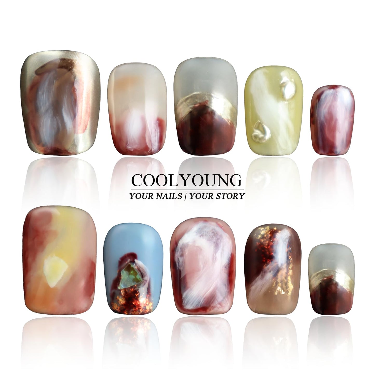 Press On Nails - Short Square Nails, Thick Acrylic Multi-Layer Gel Fake Nails, Hand Made Press On Nails Short, COOLYOUNG Nails, 10 PCS, Size S