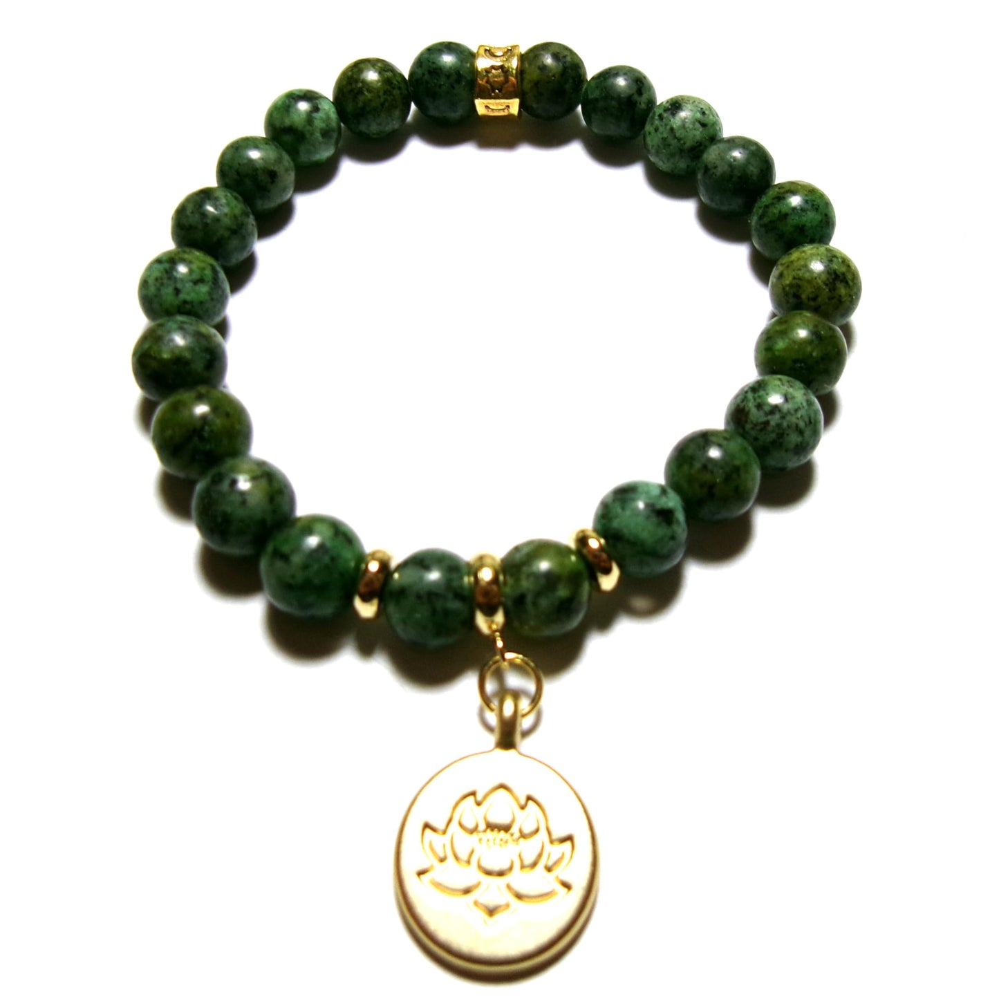 Lotus Flower Healing Crystal Stretch Bracelet with Gold Accents, 8 MM Beads, Handmade in USA (African Turquoise Jasper)