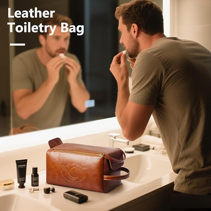 Personalized Toiletry Bag for Men,Initial Mens Toiletry Bags for Traveling,Men Travel Toiletries Bag,PU Leather Shaving Bag for Toiletries Accessories kit,Brown C