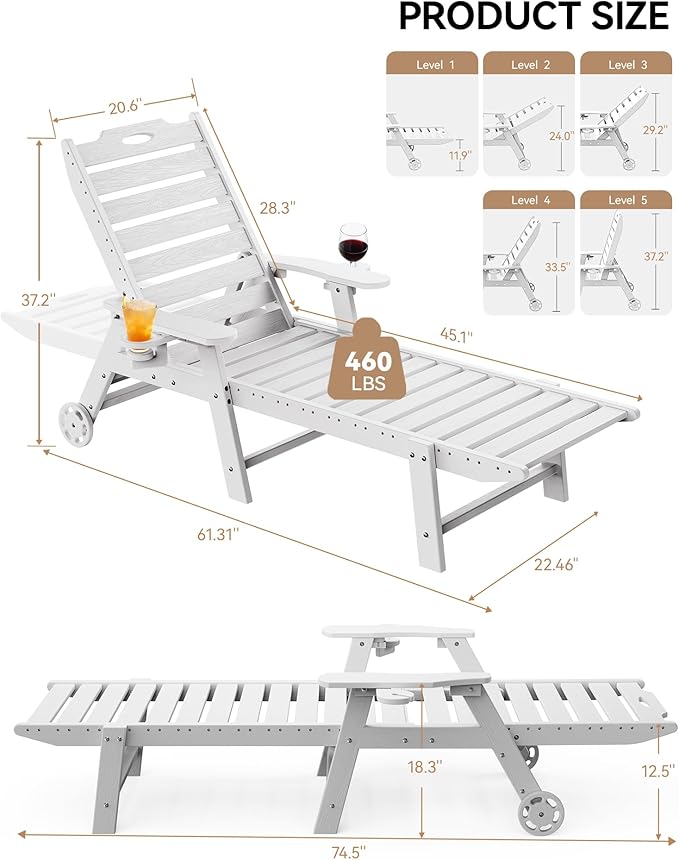Carauci Lounge Chair Outdoor, HDPE Chaise Lounge with Wheels, 5-Position Adjustable Backrest & 2 Cup Holders Patio Lounge Chair, All-Weather Pool Sun Lounger for Poolside, Backyard, White