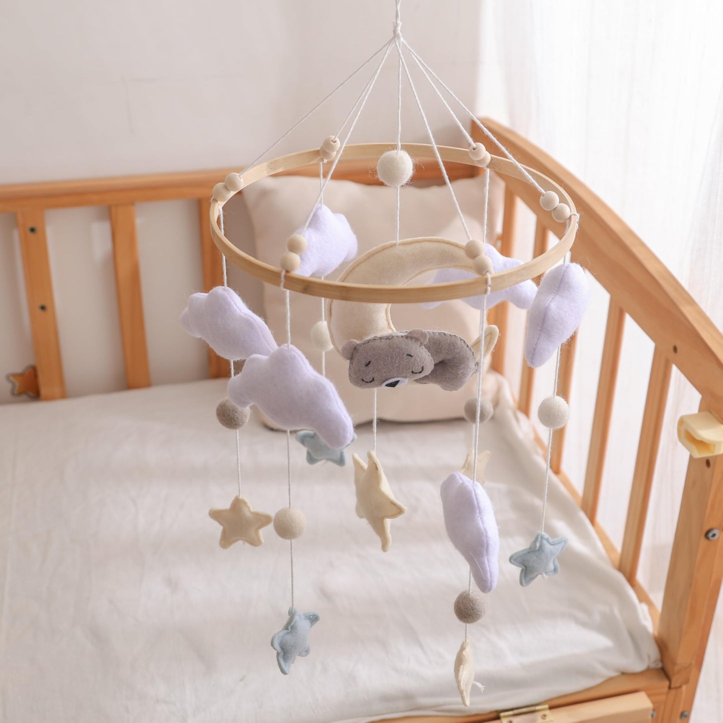 Baby Crib Mobile – Handmade Moon Bear Nursery Mobile, Mobile for Crib Neutral Felt Clouds Stars Hanging Toy, Beech Wood Ring Bassinet Mobile Baby Mobile Decor Gift