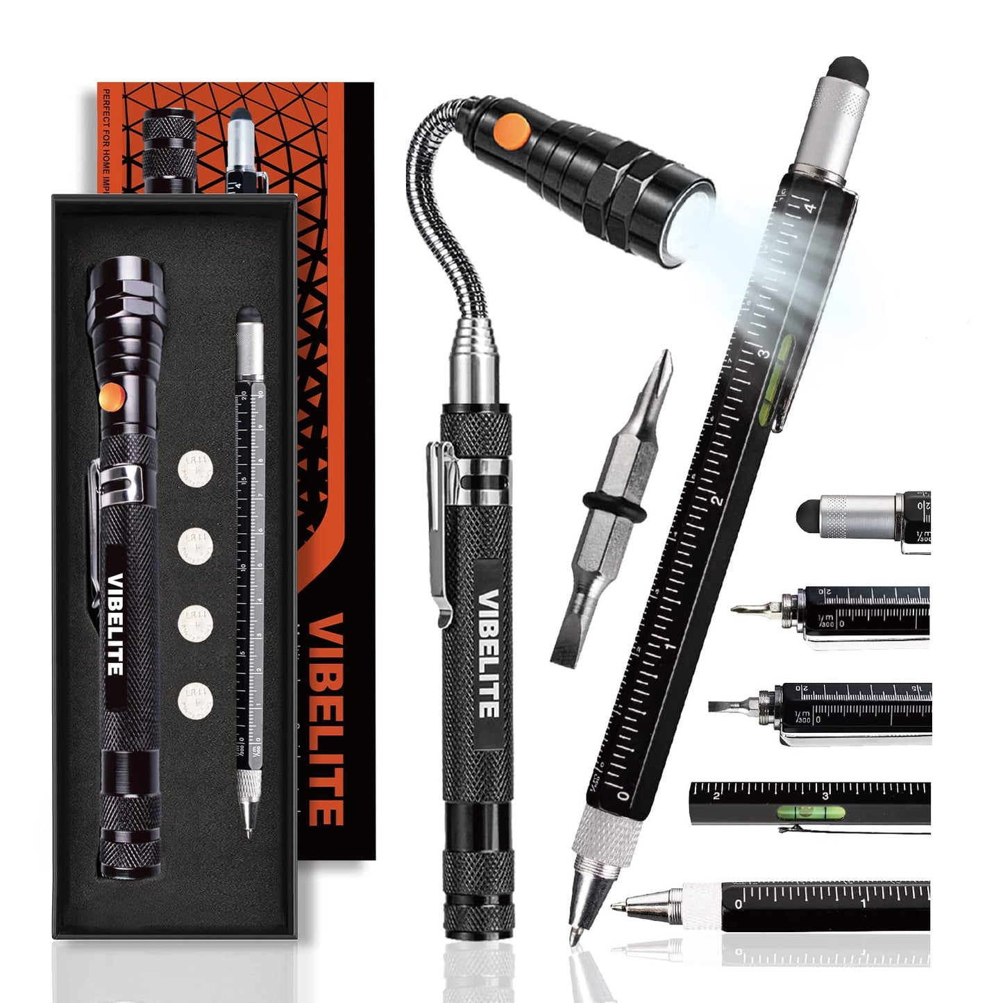 Magnetic Pickup Tool and 6 in 1 Multitool Pen with Touch Screen Stylus, Rulers, Bubble Level, Flathead, Phillips Screwdriver, Ballpoint Pen, BIrthday Gifts for Men, Him, Dad, Mechanic, Women, 2Pack