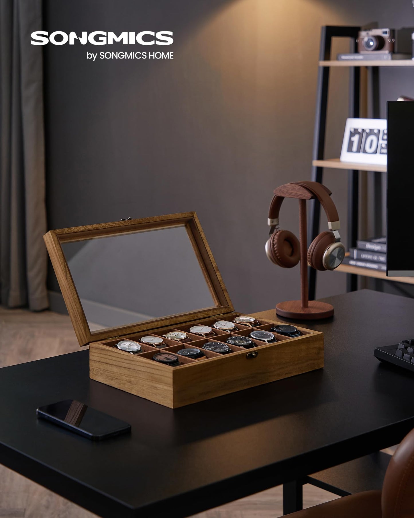 SONGMICS 12-Slot Watch Box, Watch Display Case with Large Glass Lid, Removable Watch Pillows, Velvet Lining, Gift Idea, Rustic Walnut UJOW120K01