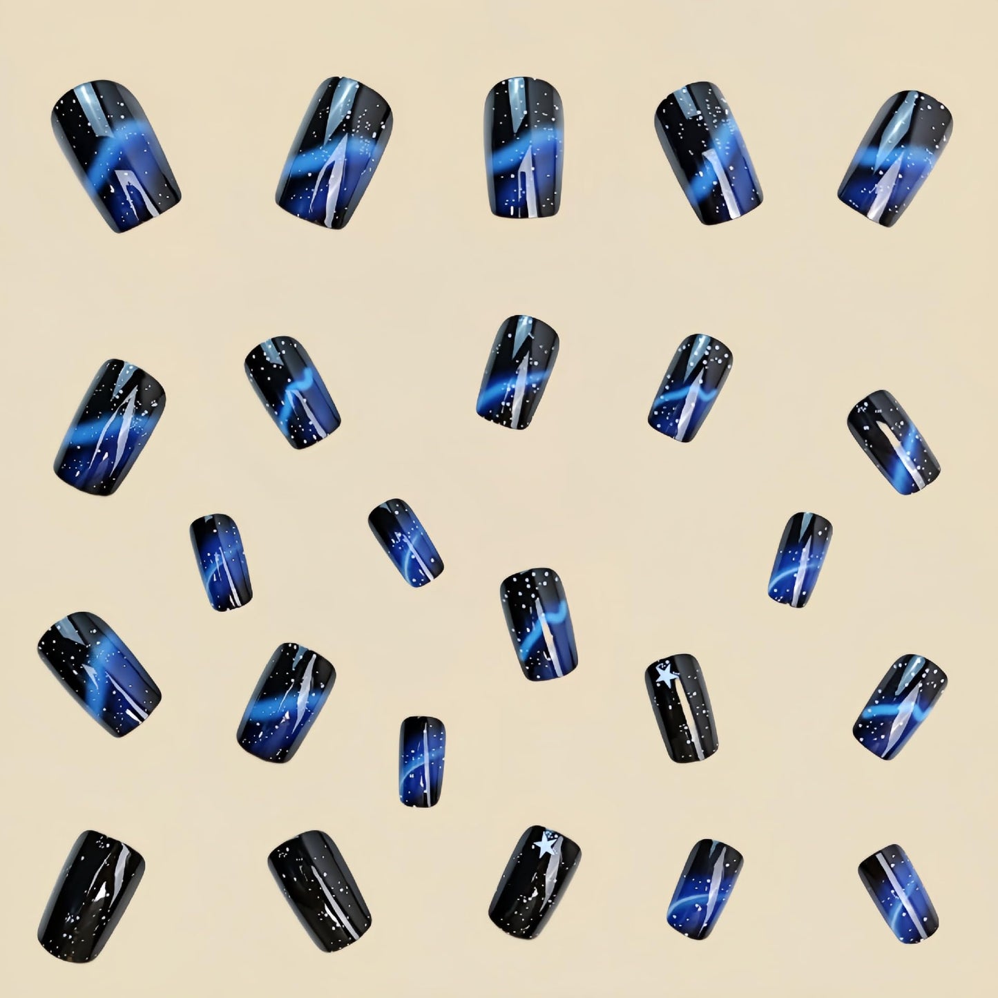 Star Press on Nails Short Square Fake Nails Black Acrylic Nails Glitter Artificial Nails Blue Line Stripes Glue on Nails Glossy Stick Nail for Women Manicure 24Pcs