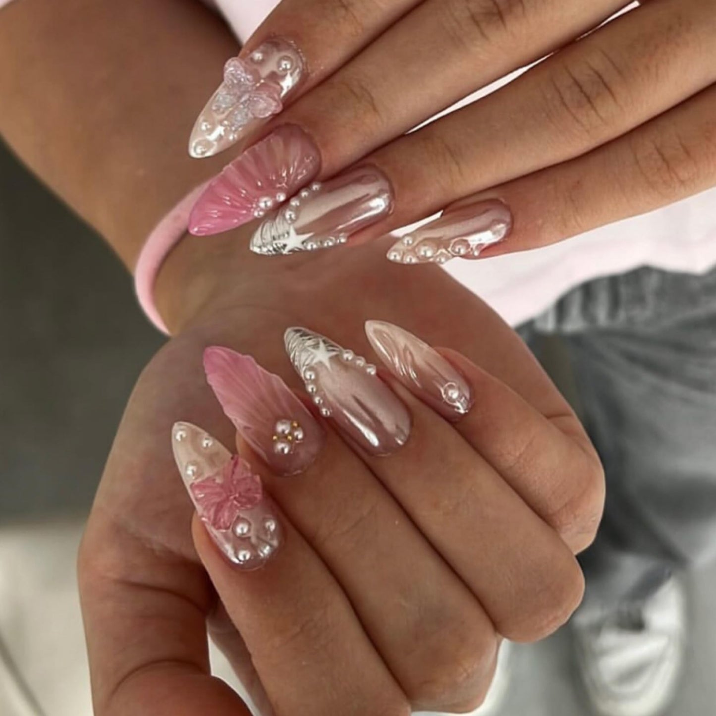 octoswave Press on Nails Almond Medium Pink Chrome French Tip with 3D Bow Butterfly Pearl Design Fake Nails for Women Party Wedding 24Pcs