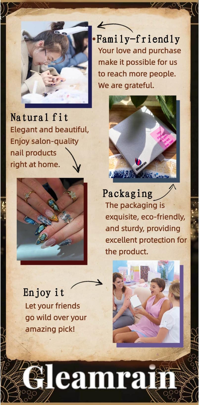 Gleamrain Medium Handmade Press On Nails M Size - 10Pcs - Gleamrain Design 501