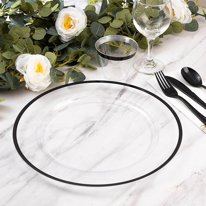 Goodluck 12 Inch Charger Plates, 25 Pack Clear Charger Plates with Black Trim, Plastic Charger Plate Bulk for Dinner, Wedding, Party, Event Decoration, Clear&Black