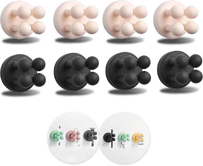 8Pcs Silicone Toothbrush Holders for Bathrooms,Waterproof Self Adhesive Multifunctional Hook for Hanging Towel Key Plug Cable for Bathroom Kitchen Living Room Office Black4White4