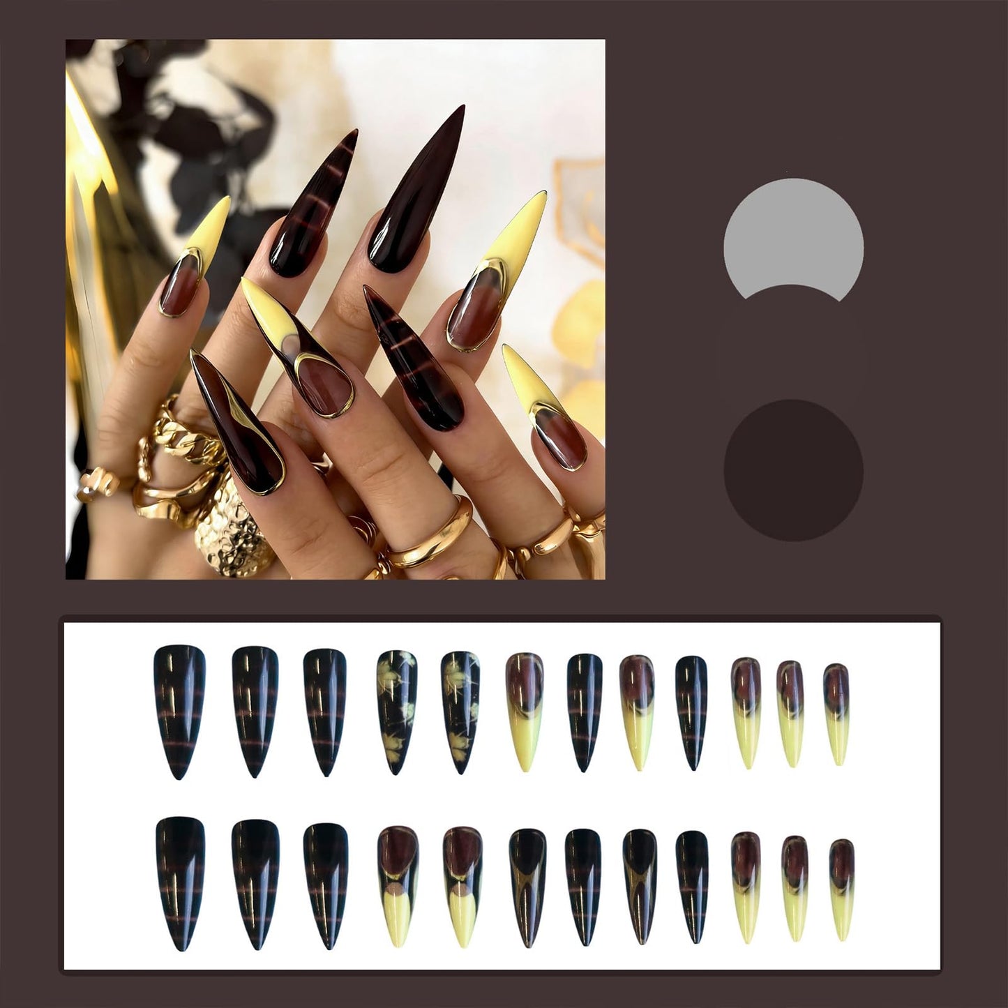 SINHOT Stiletto Press on Nails - Long Fake Nails, Glossy Finish, Brown Yellow French Tip & Gold Chrome, Reusable Artificial False Nail Art - 24 Pcs Nail Kit with Glue