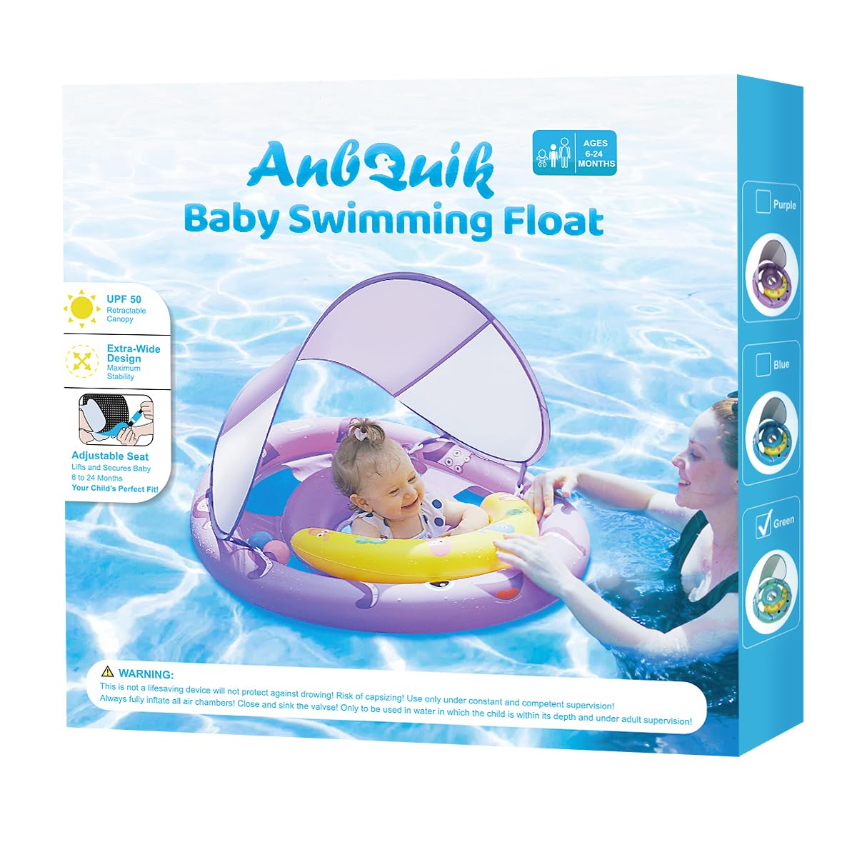 AnbQuik Baby Pool Float with Removable UPF50+ Sun Protection Canopy, Octopus Baby Swim Floats for 6-24 Months Infant, Extra Wide Dual Design, Adjustable & Breathable Seat