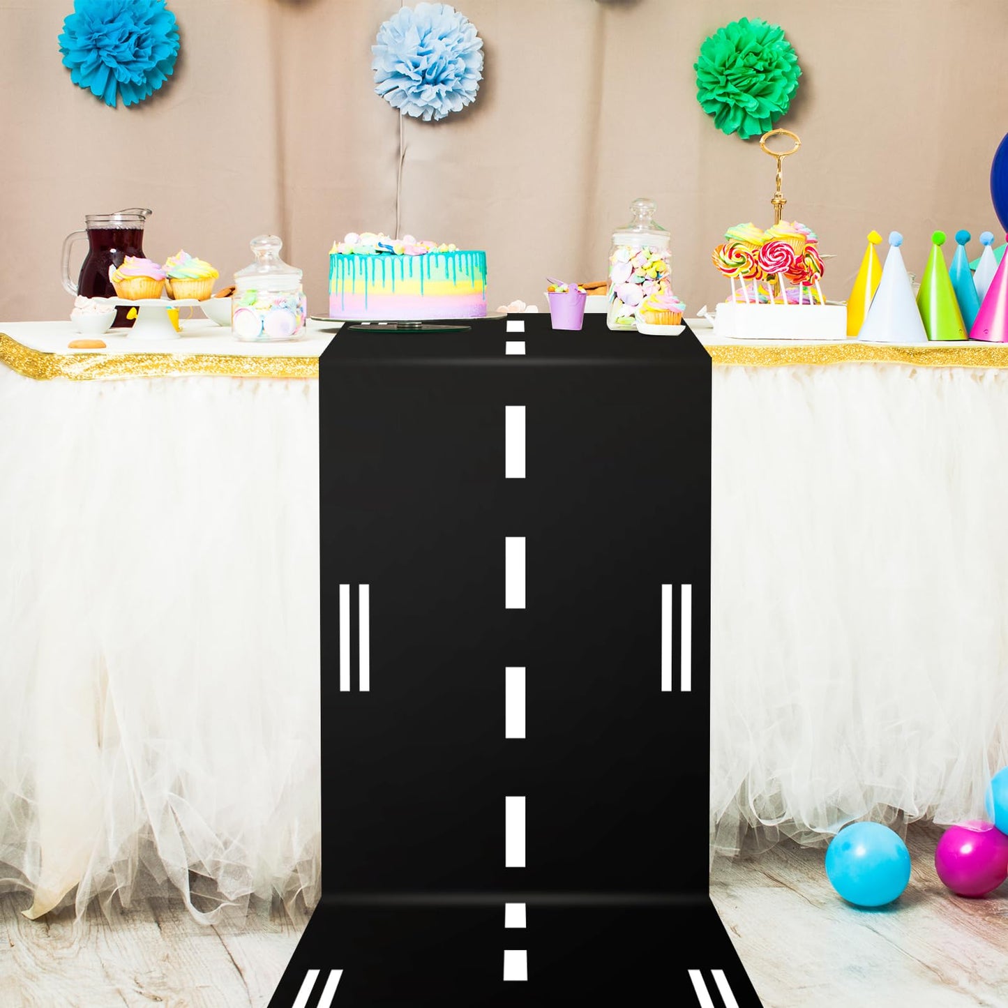 Remagr Racetrack Floor Running Black Racer Party Decoration Mat Road Table Runner Long Racetrack Tablecloth Drag for Party(Simple,32 ft X 2 ft)
