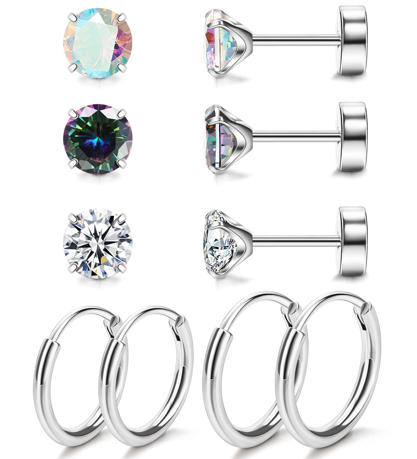 MJust Titanium Earrings for Sensitive Ears 20G Hypoallergenic Stud Hoop Earrings for Women Men Opal Ball CZ Heart Pearl Flat Back Earrings Cartilage Earrings Set