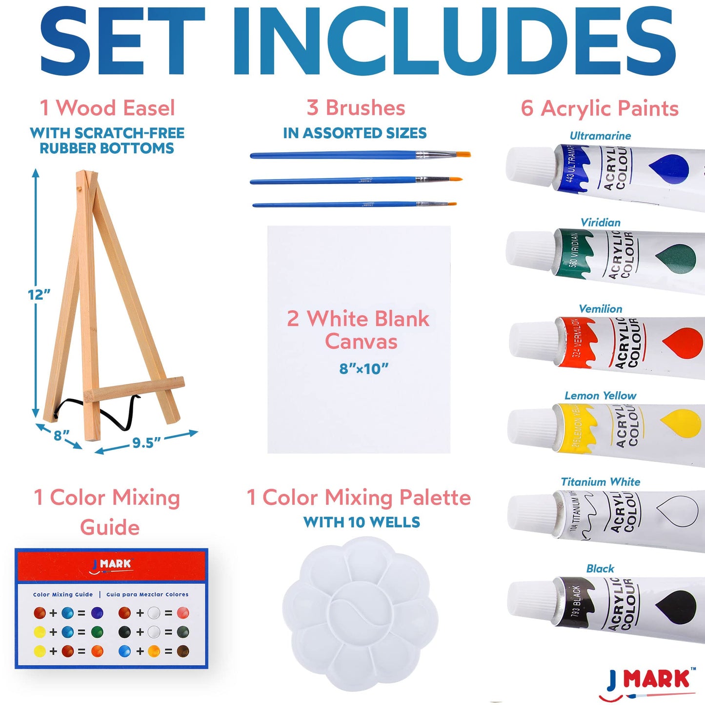 J MARK Paint and Canvas Set – Mini Canvas Acrylic Painting Kit with Wooden Easel, Canvases, Acrylic Paint, Brushes & Palette, Canvas Paint Set, Painting Kit for Adults & Kids