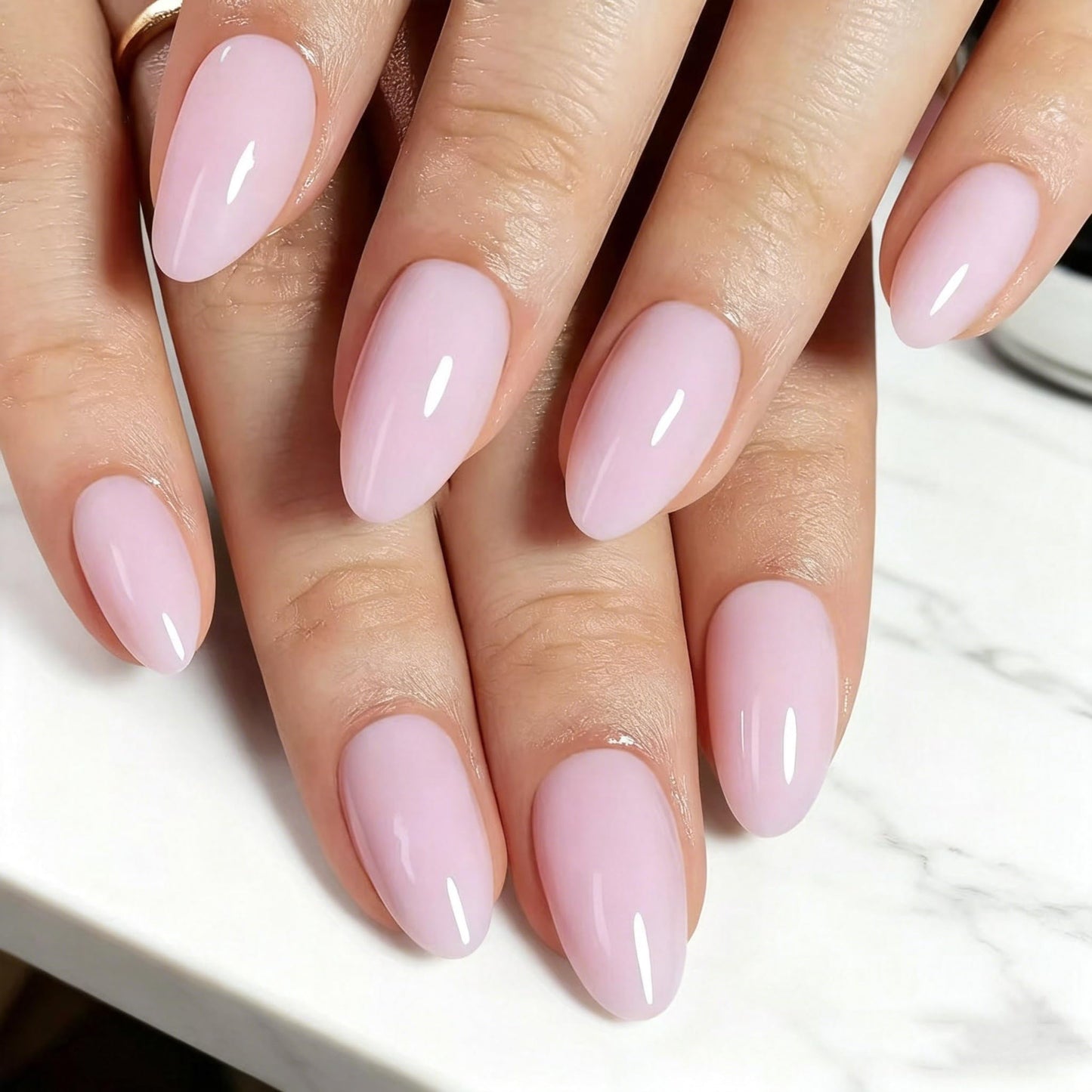 Milk Tea Pink Short Almond Press on Nails - Sheer Jelly Gel Nails Kit, Reusable 32Pcs with Glue & 16 Sizes for Women, Daily, Office Wear, Nude Nails
