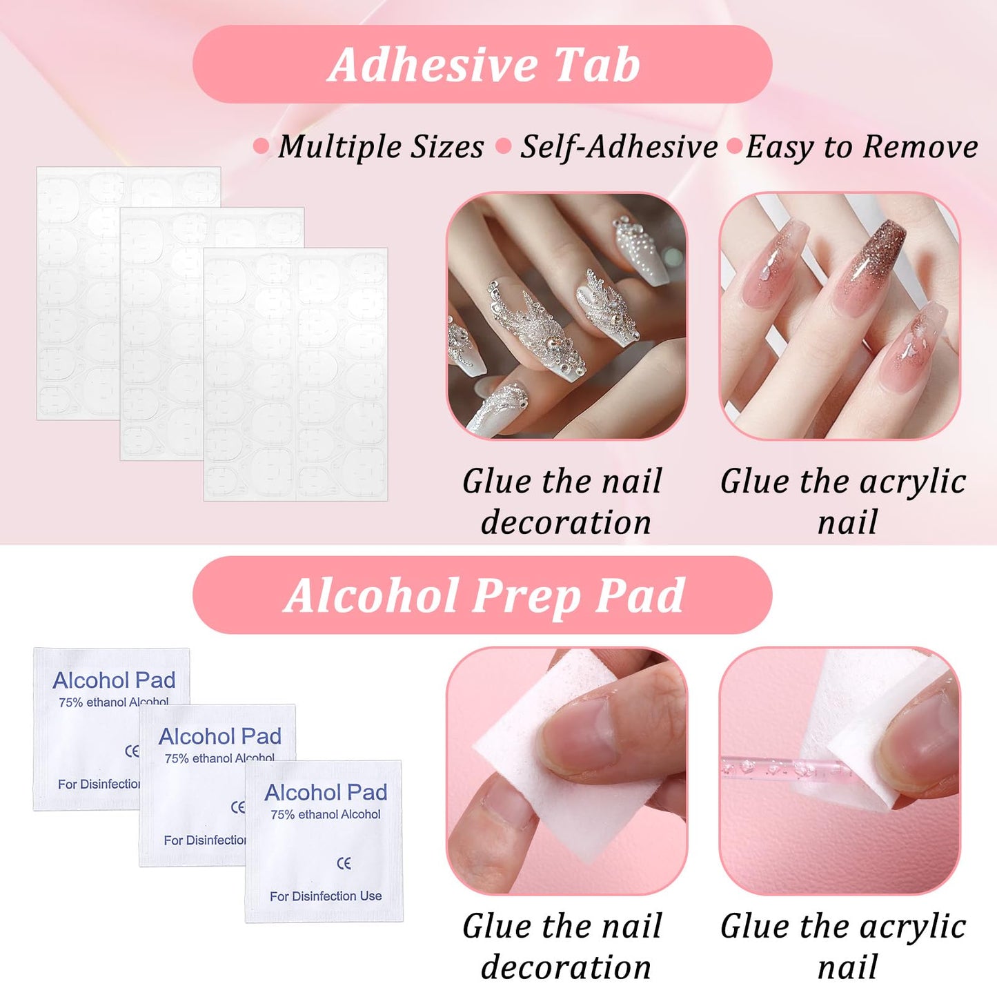 120 Sets Press On Nail Tool Kit for Business - Prep Application Disposable Kit with File, Glue, Prep Pads, Adhesive Tabs, Wood Stick, Holographic Bag