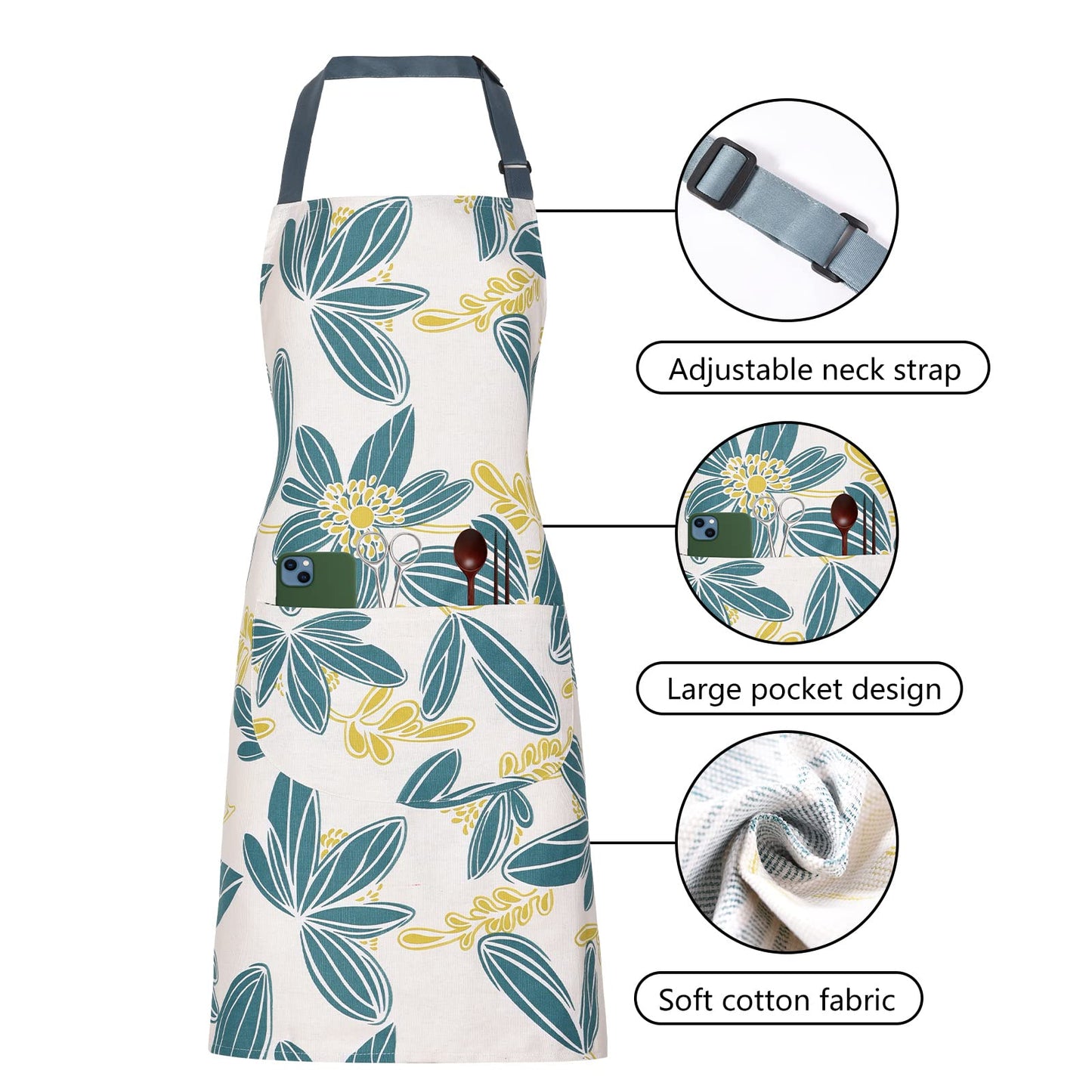 ARBINSON 2 Pack Floral Apron for Women with Pockets, Adjustable Cotton Chef Aprons for Kitchen, Cooking, BBQ & Grill (Turquoise/Leaf)