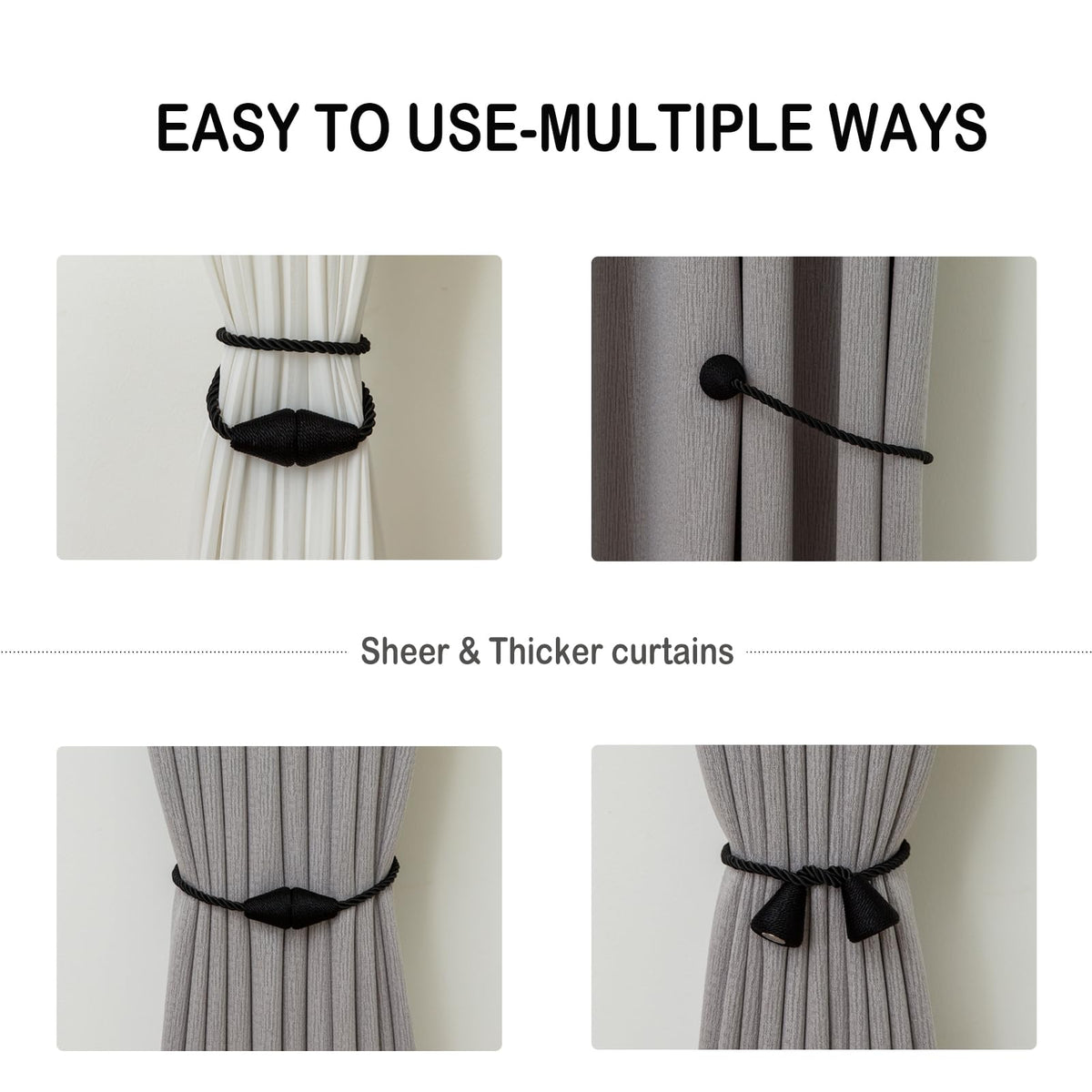 Magnetic Curtain Tiebacks 4 Pack Outdoor Rope Curtain Tie Backs Decorative Window Treatment Holdbacks for Home Decorative Curtain (4 Count)