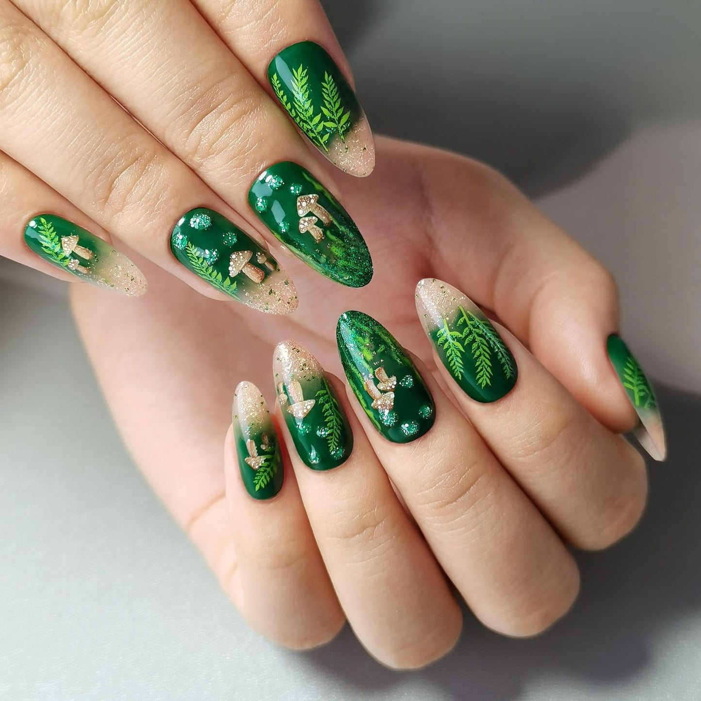 CurvLife Press On Nails Stick On Short Design Acrylic Stick On Nails Tips Glue On False Nails Kit For Women (Green forest, Long)
