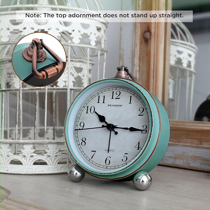 Peakeep 4" Small Battery Operated Analog Alarm Clock, Antique Retro Style
