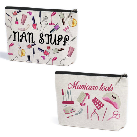 2 Pcs Nail Stuff Makeup Bag, Portable Pouch Purse Travel Essentials Organizer Cosmetic Bags for Women, Roomy Travel Makeup Toiletries Accessories, Christmas Birthday Gifts for Women