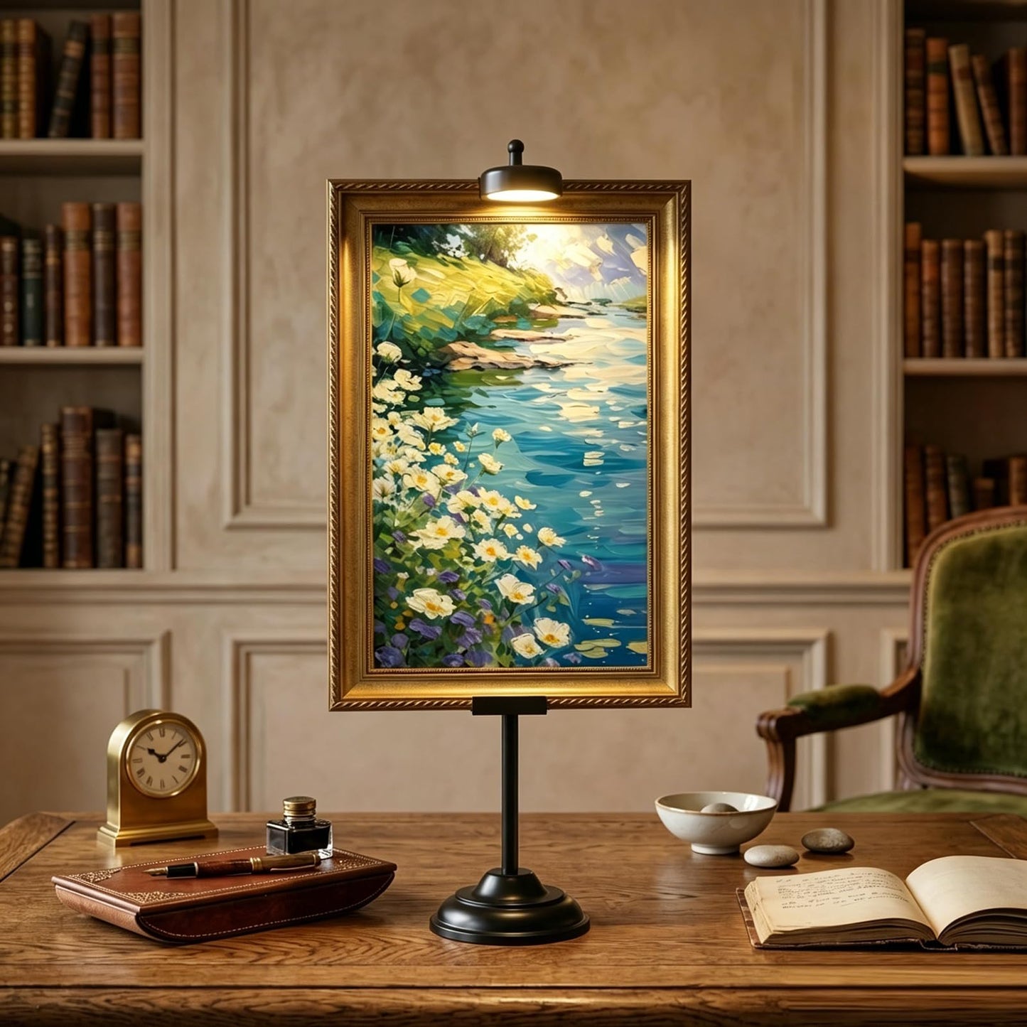 Adjustable Tabletop Easel Stand with Magnetic Wall Painting Light,Black Picture Frame Holder Stand Holds Picture Frames up to 29 Inch,Picture Easels for Display with Dimmable Frame Light (1 Pack)