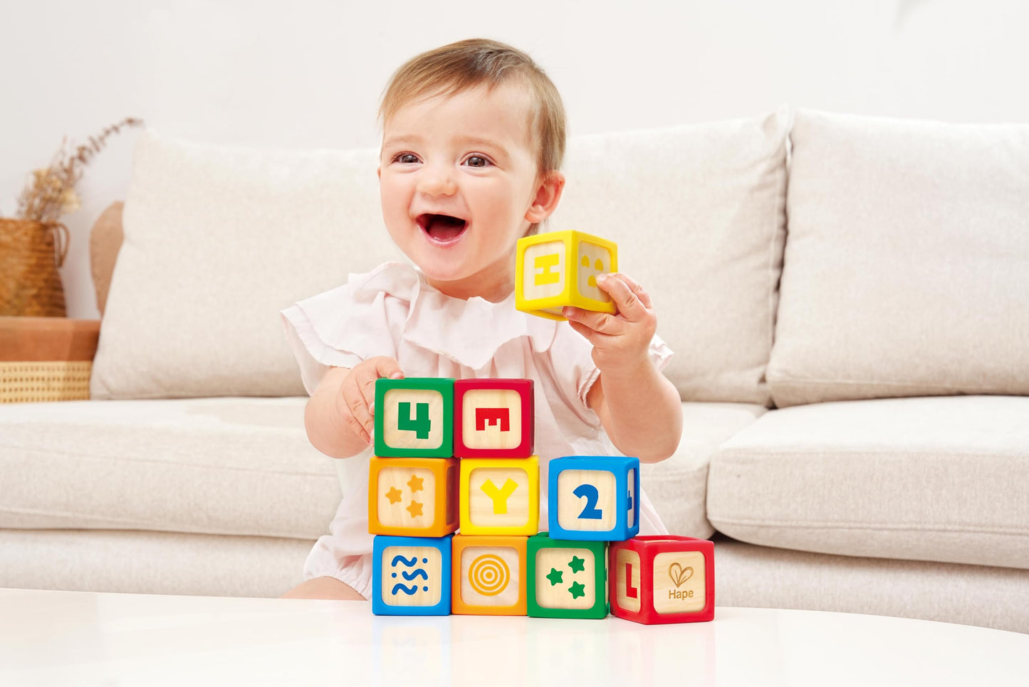 Hape Grip-n-Stack 10-Piece Wooden Building Blocks with Silicone Edges - Educational Alphabet & Number Stacking Toy for Toddlers and Babies - Fine Motor Skills & Sensory Play Set