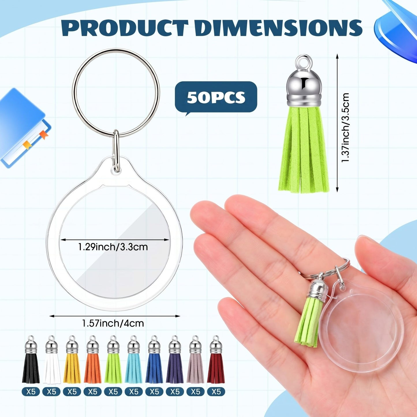 Yaomiao 50 Set Acrylic Photo Frame Keychain with Tassels, Custom Insert Photo Keyring Clear Blank Picture Keyring (Round)