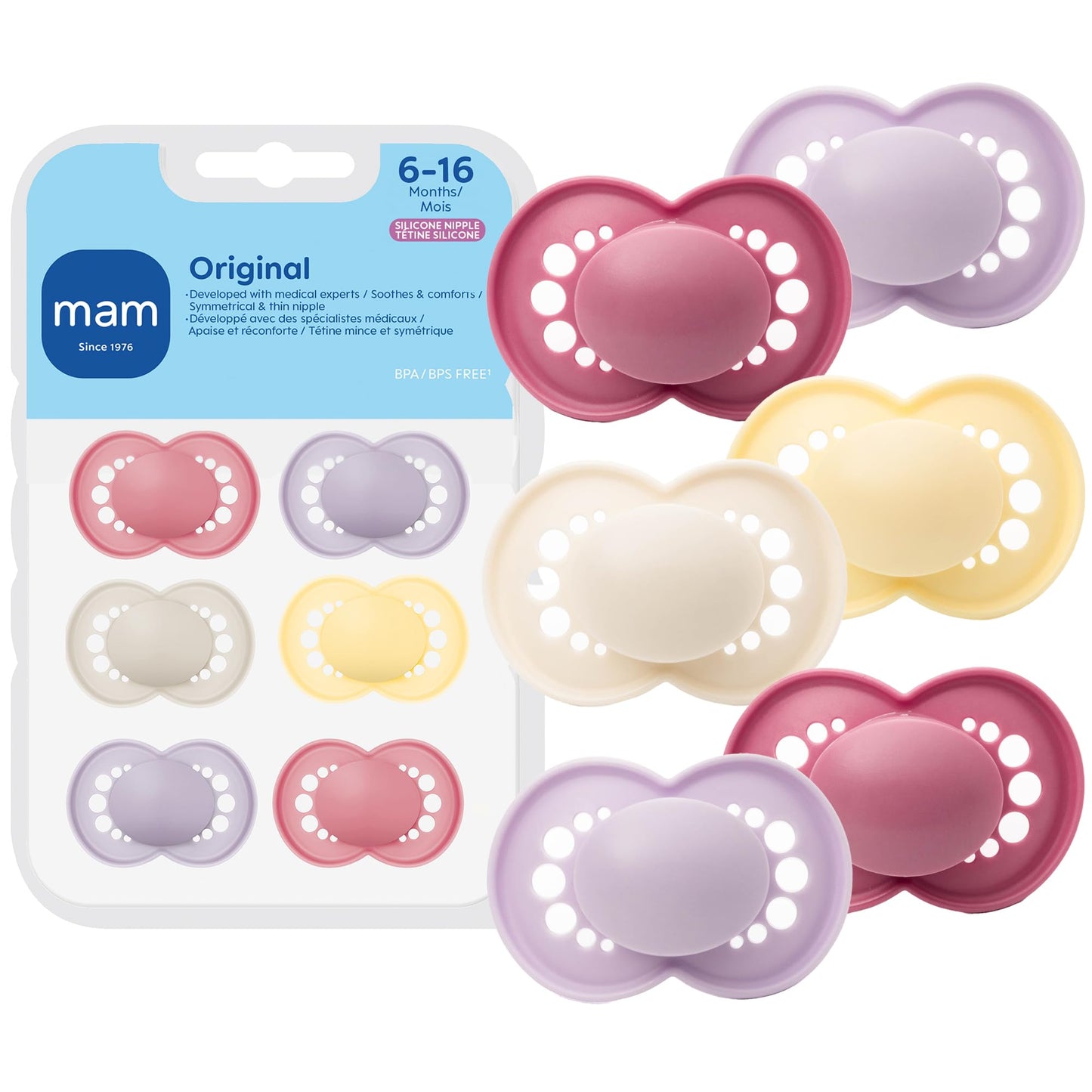 MAM Original Matte Baby Pacifiers 6-16 Months, Binky for Newborn Babies, BPA-Free Skin Soft Silicone Nipple, Easy to Clean, Developed with Medical Experts, 6 Count, Made in Europe