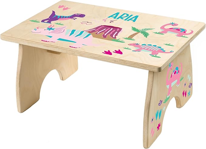 Dinosaur Step Stool for Toddler Girl - Personalized Wood Kids Step Stool with Name for Kitchen Sink, Bathroom, Potty Training, Toilet, Kitchen Sink- Made in USA by BloomOwl (Dinosaur- Girl)