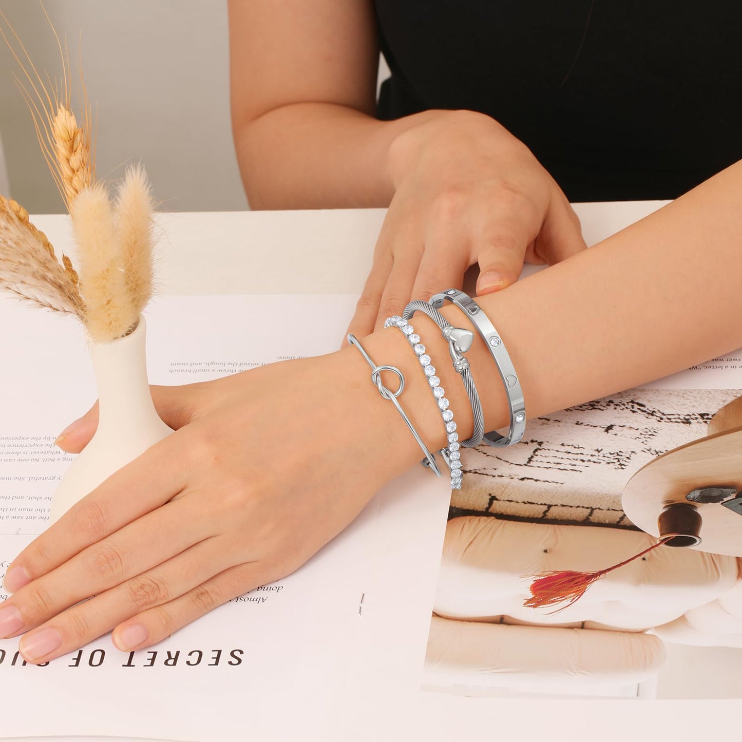 FAFUGA 18 K Silver Plated Love Bangle Bracelet Stack Cuff Jewelry for Women Jewelry Set for Women Gift with Box (style12)
