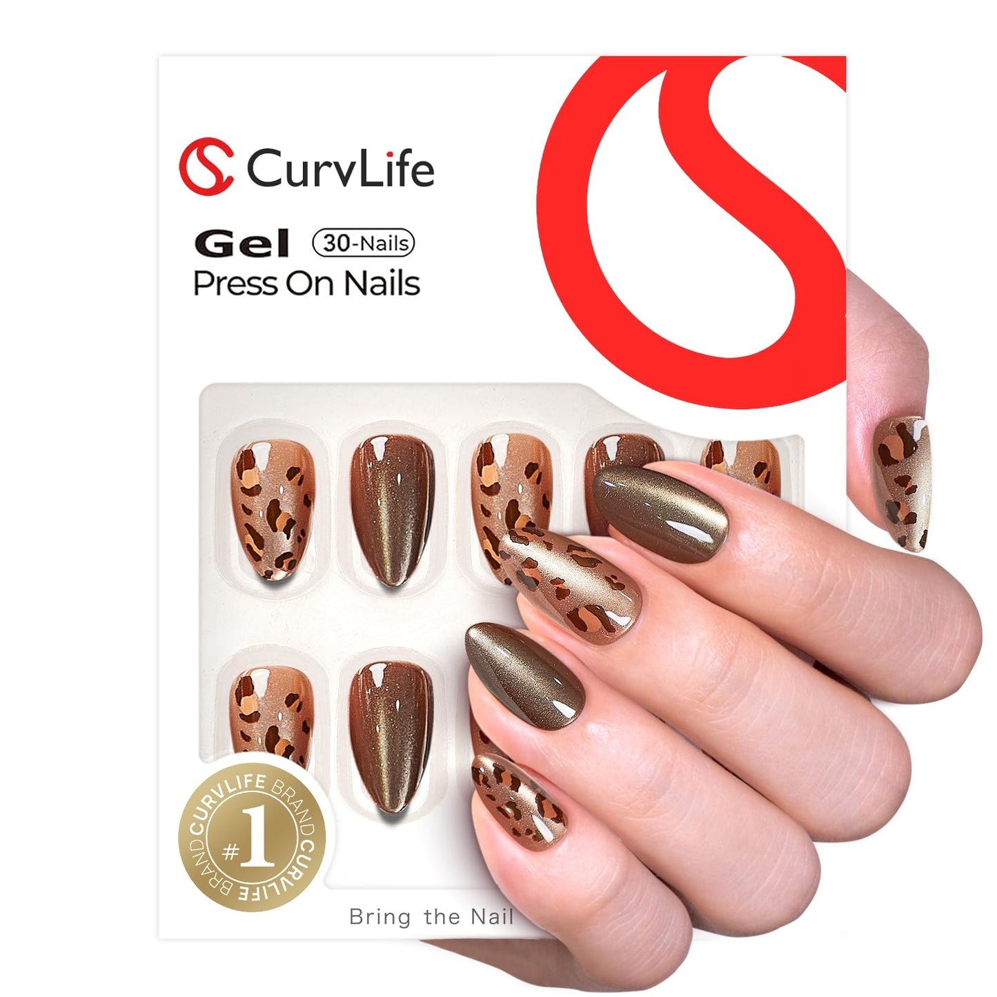 CurvLife Press On Nails Medium Almond – Bronze Brown Metallic Leopard Fake Nails, Reusable Soft Gel Glue On Nails with Adhesive Tabs, Natural Fit, Salon Quality for Women