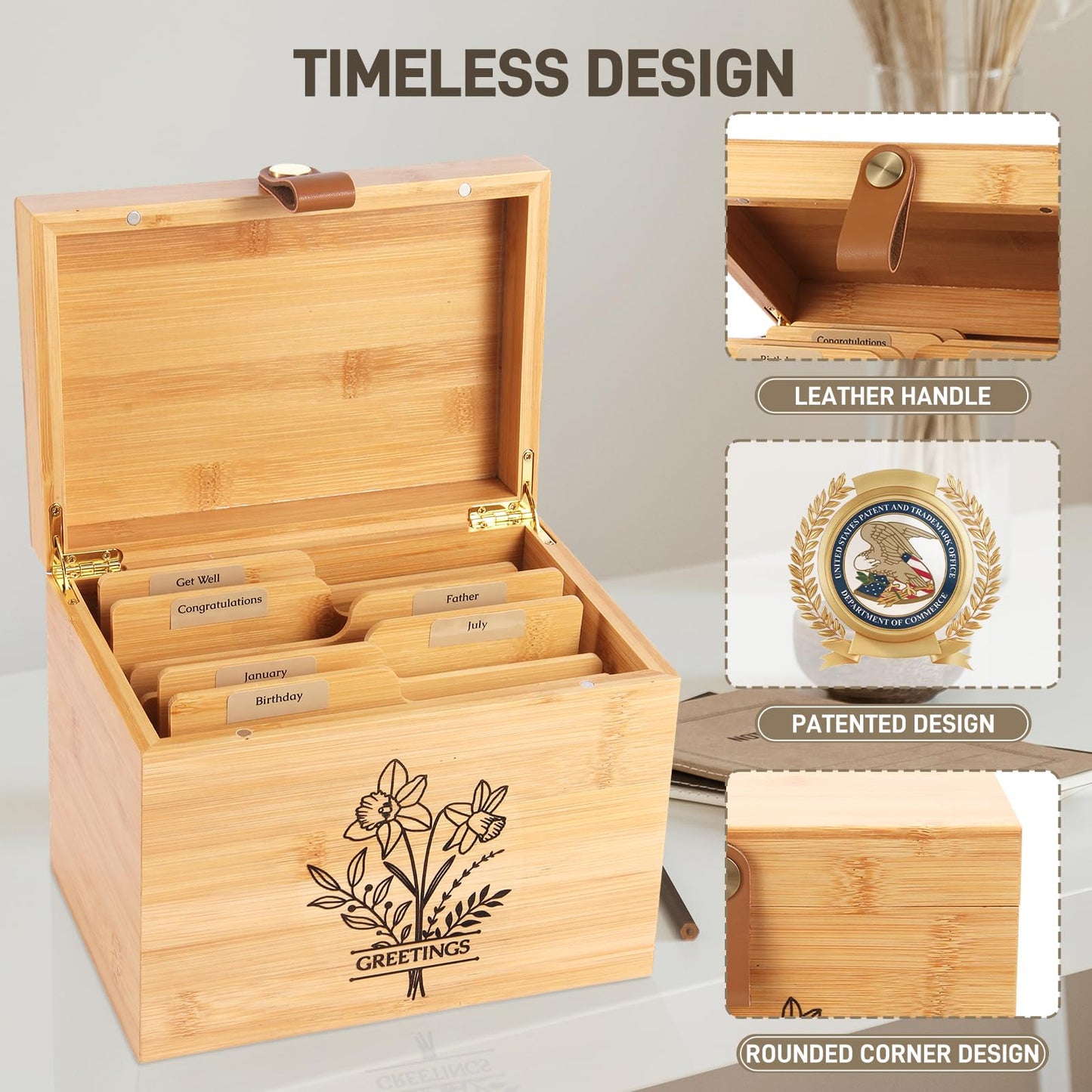 Large Bamboo Greeting Card Organizer Box with 6 Removable Dividers, Real Leather Handle, 100% Handmade Solid Bamboo, Storage Box for Christmas, Valentine, & Birthday Cards, Postcards, Stationery