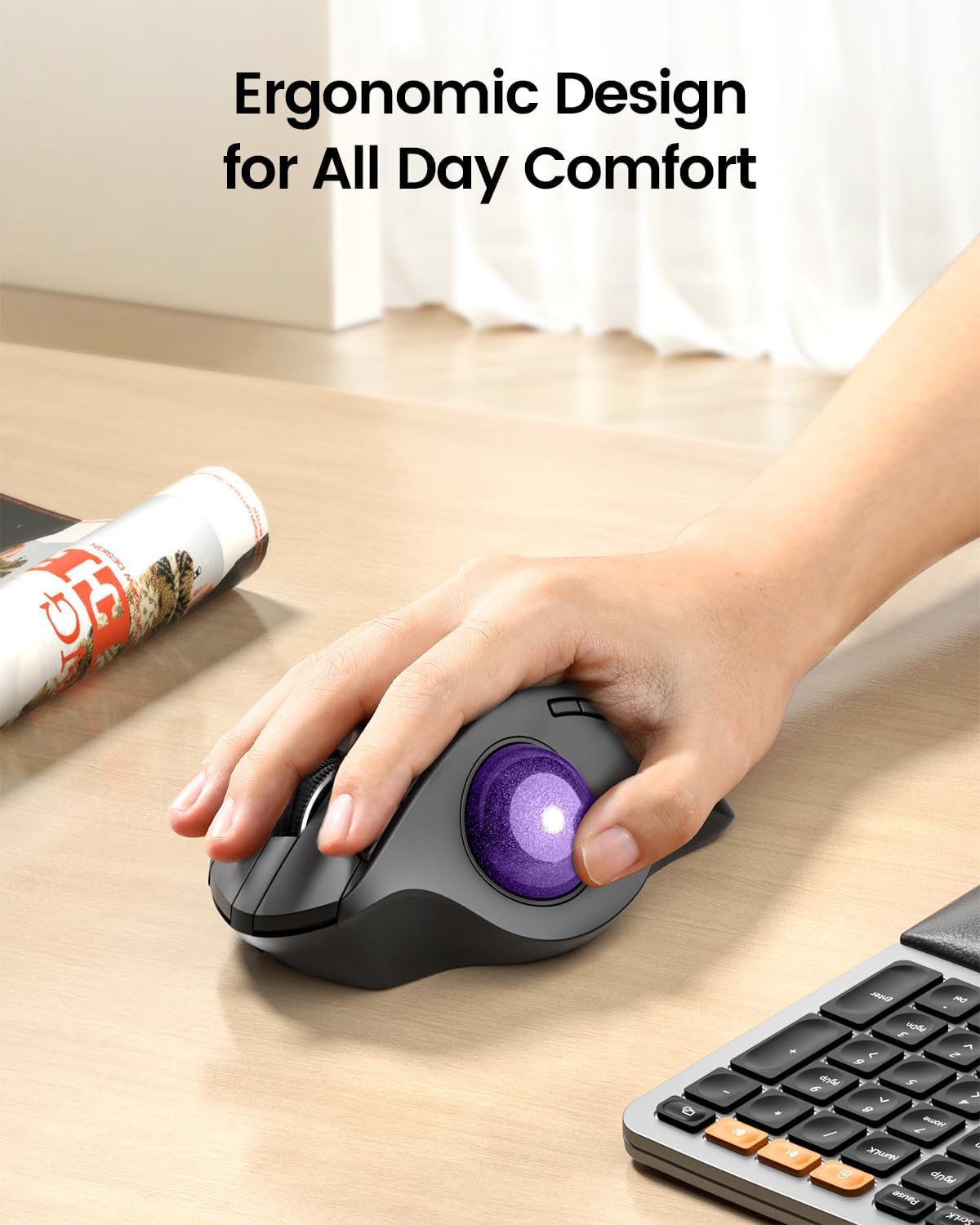 ProtoArc Wireless Trackball Mouse, EM01 NL Ergonomic Bluetooth Rollerball Thumb Rechargeable Computer Laptop Mouse, Adjustable Angle & 3 Device Connection for PC, Mac, Windows-Purple Ball