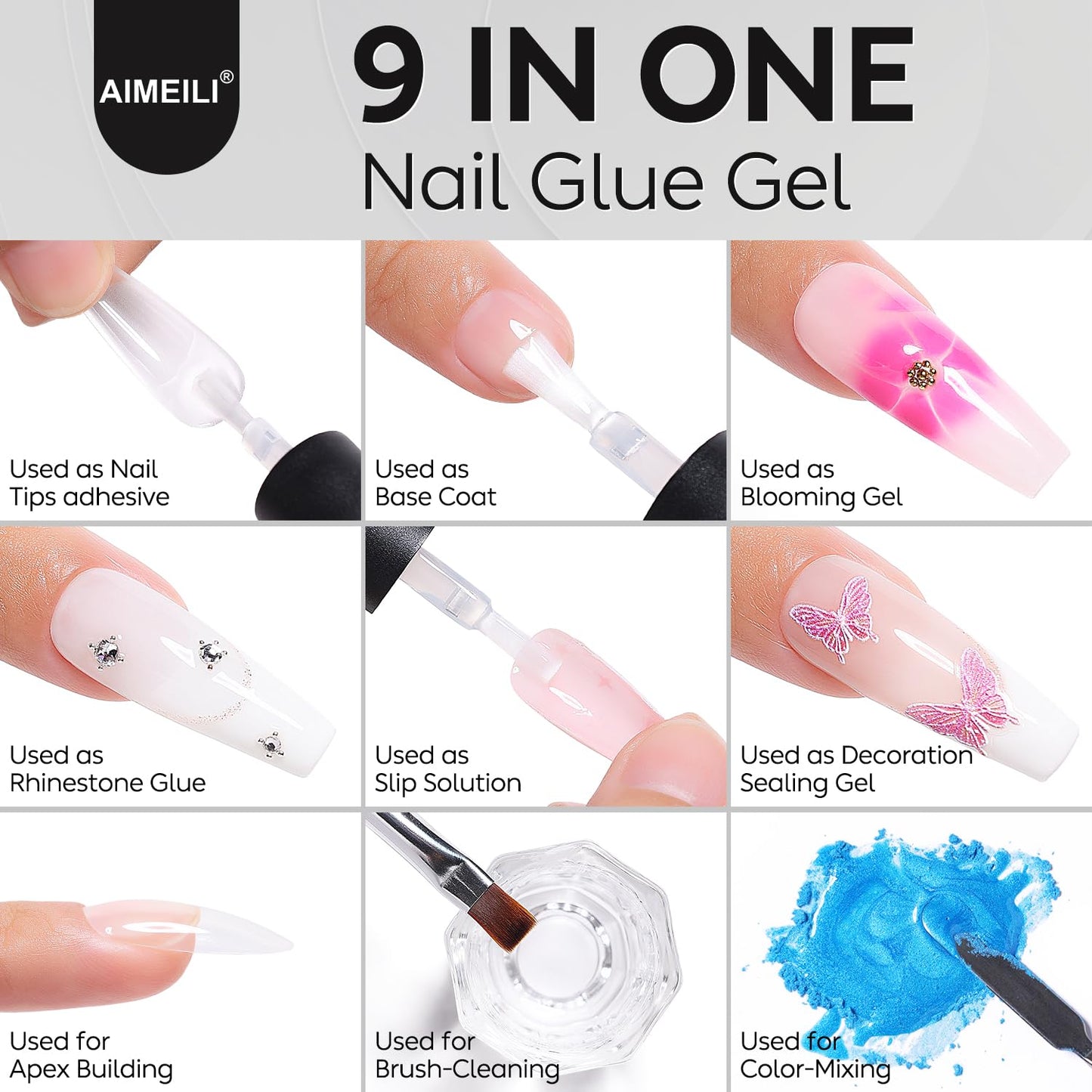 AIMEILI 3Pcs Gel Nail Glue Nail Dehydrator and Primer, Hema Free, Cruelty Free, Vegan, Clear High Gloss Gel Nail Polish Long Lasting Nail Art