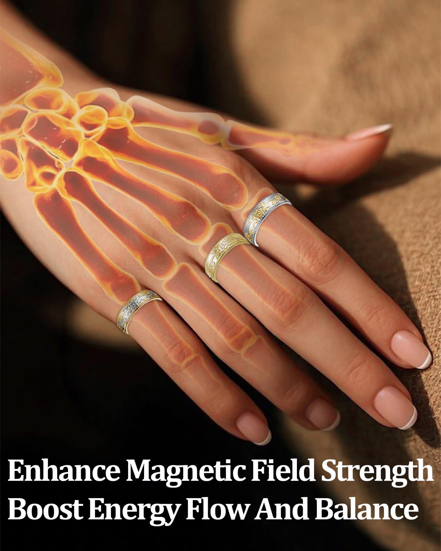 BioMag Magnetic Lymphatic Drainage Ring Set, 3 Pcs 99.99% Pure Copper Magnetic Rings for Women with 3500 Gauss Magnets, Adjustable Size, Floral Branch and Leaf Pattern