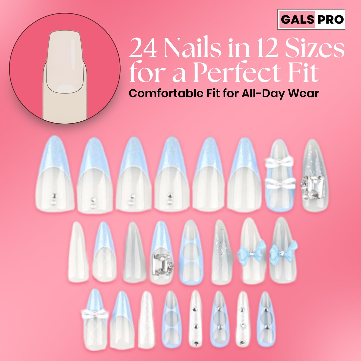 GALSPRO Medium Press on Nails - Set of 24 Fake Nails with Designs in 12 Different Sizes for Perfect Fit, Cute False Nails Kit for Women with 0.07oz Nail Glue, A Double Sided Nail File & Cuticle Stick