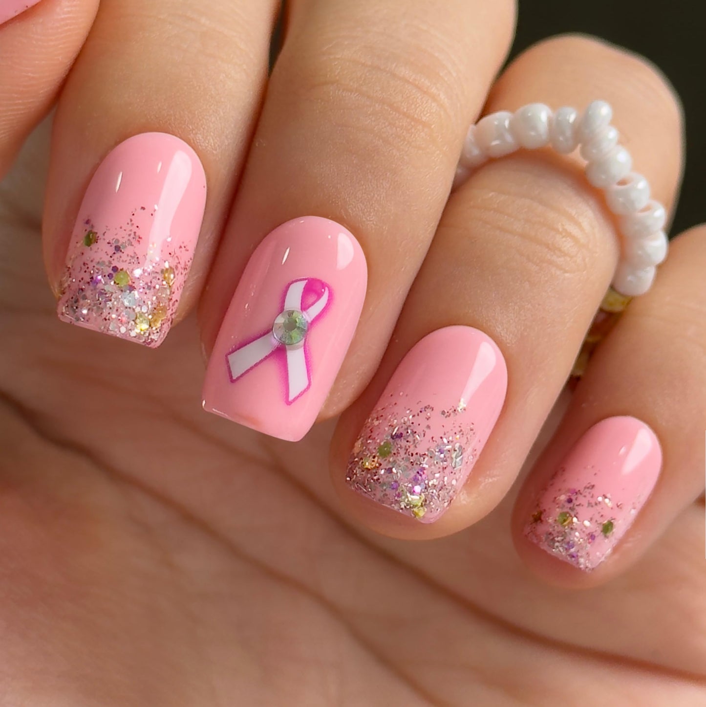 Curvlife Press On Nails Medium Square Pink - Breast Cancer Ribbon Press on Nails with Glue, Pink Ribbon Awareness Glitter Glossy Fake Nails Long Lasting False Nail Tips for Women