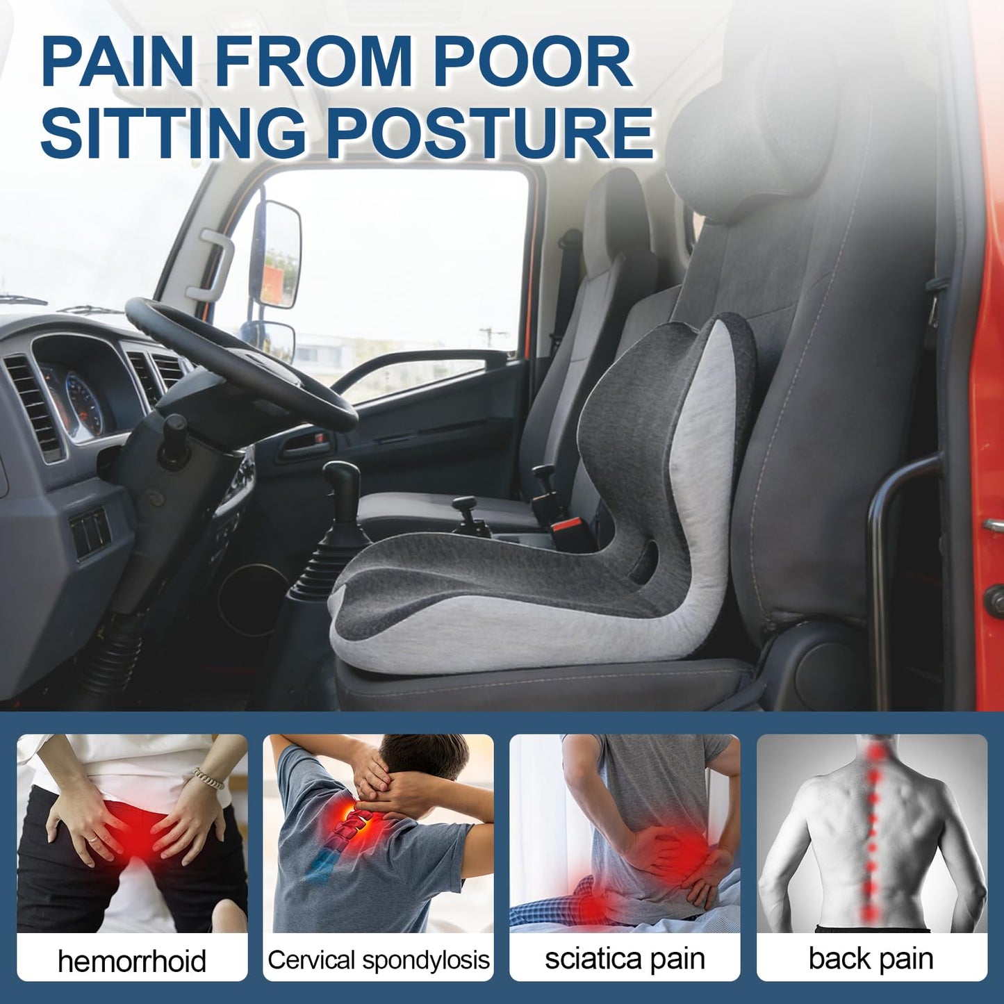 Wacalarda Truck Seat Cushion for Long Driving, Cushion for Car Seat Driver for Comfort, Made of Memory Foam, for Tailbone, Back, and Sciatica