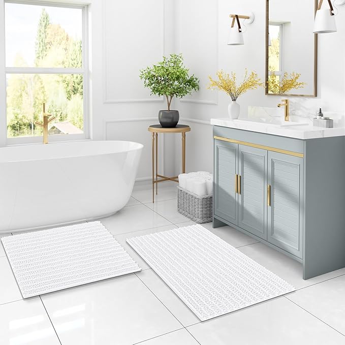 Arotive Luxury Chenille Bathroom Rug Mat, Extra Soft Thick Absorbent Shaggy Bath Rugs, Non-Slip Machine Wash Dry, Plush Bath Mats for Bathroom, Shower and Tub, 47x32, White