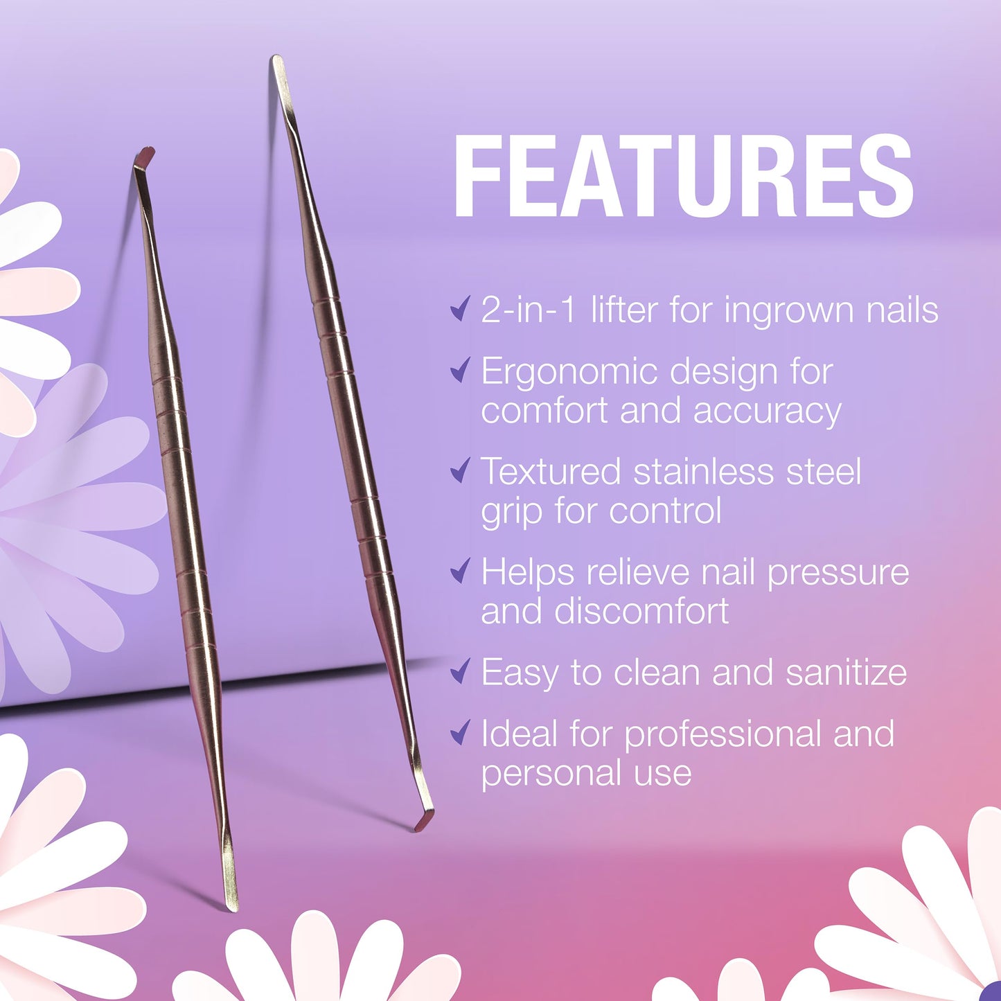 Flowery Ingrown Toenail Lifter - Stainless Steel Ingrown Toenail Tool, Dual-Ended Design with Lifter & Spatula, Nail Cleaner, Pedicure Tool