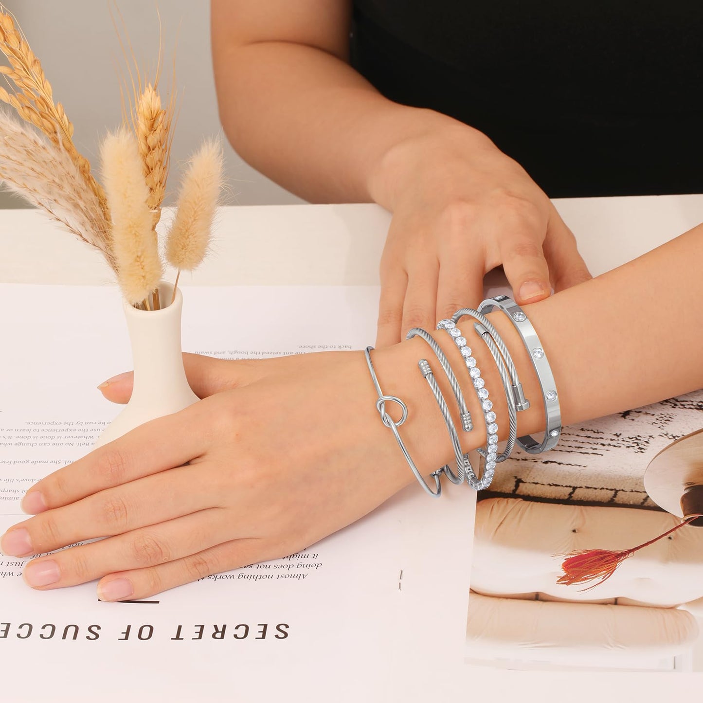 FAFUGA 18 K Silver Plated Love Bangle Bracelet Stack Cuff Jewelry for Women Jewelry Set for Women Gift with Box (B00051)
