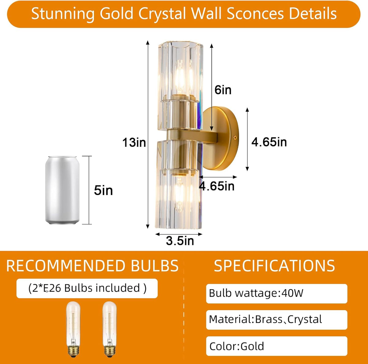 Gold Crystal Wall Sconces Set of Two, Wall Sconce Set of 2, Brass Sconces Wall Lighting with K9 Crystal Lampshade, Wall Lights for Bedroom Living Room Bathroom Hallway