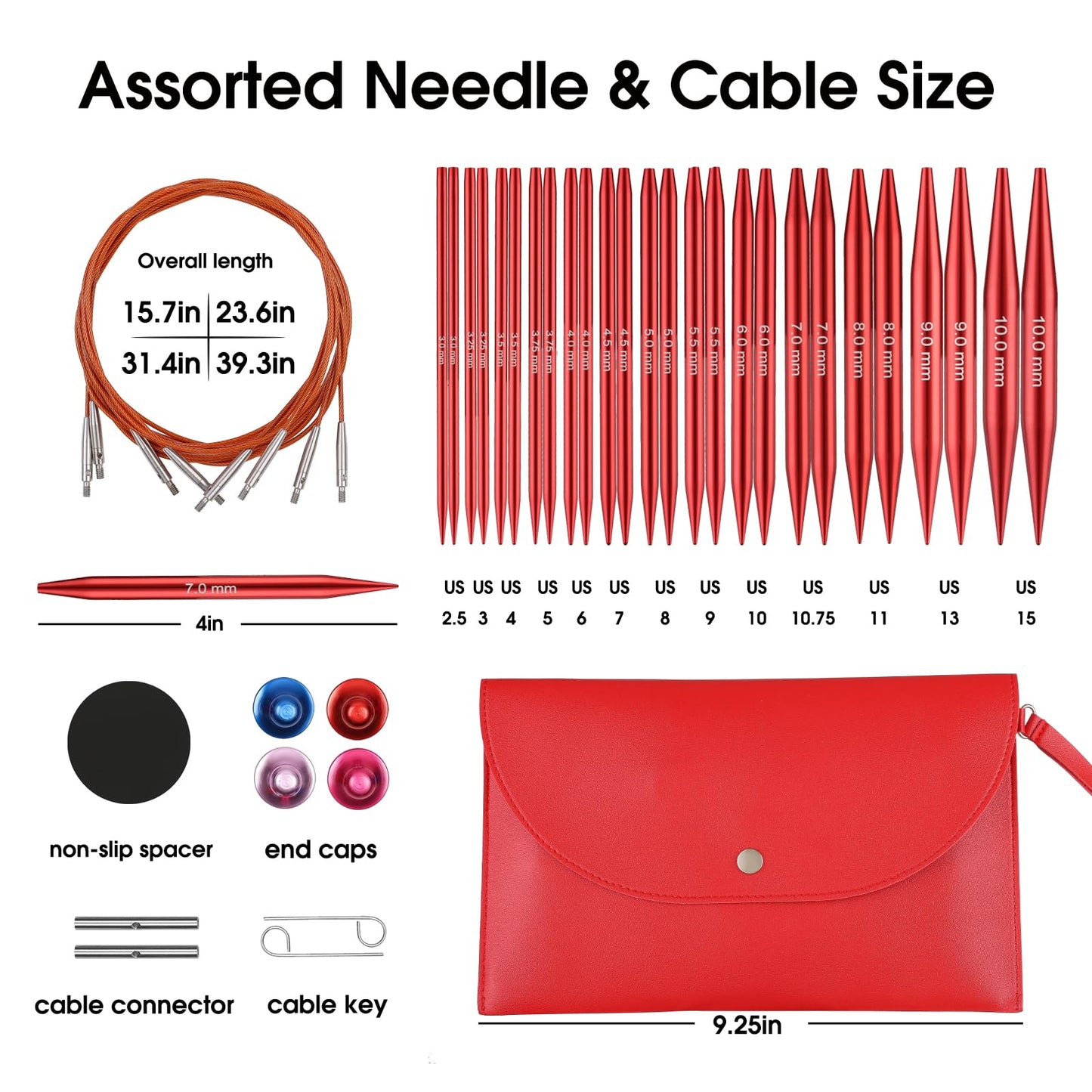 Guclud Interchangeable Circular Knitting Needles Set 4-Inch | US 2.5-15 (3.0-10.0mm) | 13-Pair of Metal Circular Needles | 4 Cables (16", 24", 32", and 40"), Accessories & Case (Rose Red)