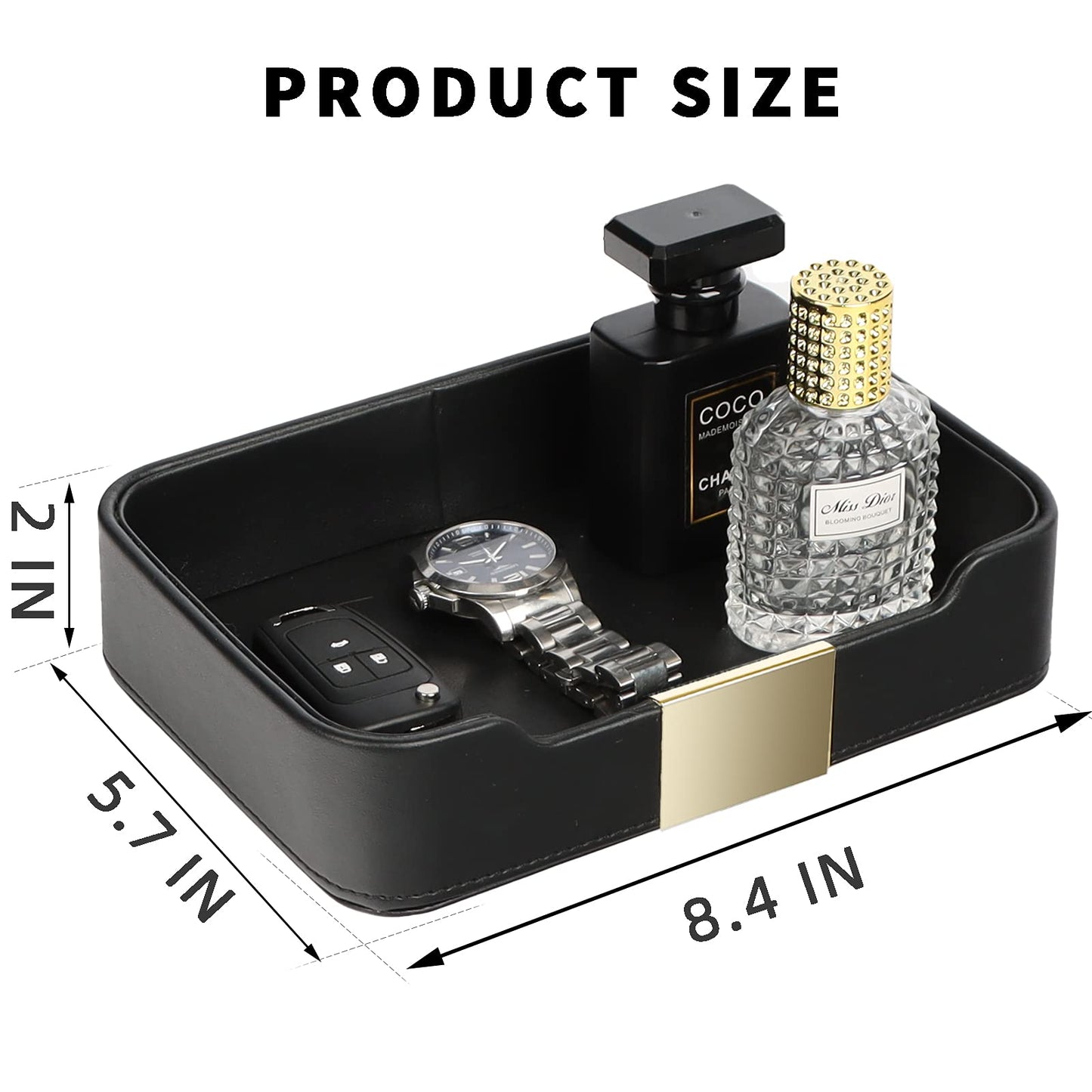 SANZIE Luxury Leather Tray Desktop Storage Catchall Organizer Decorative Tray for Entryway Table to Hold Jewelry Watch Keys Phone Wallet (Metal Gilded, Black)