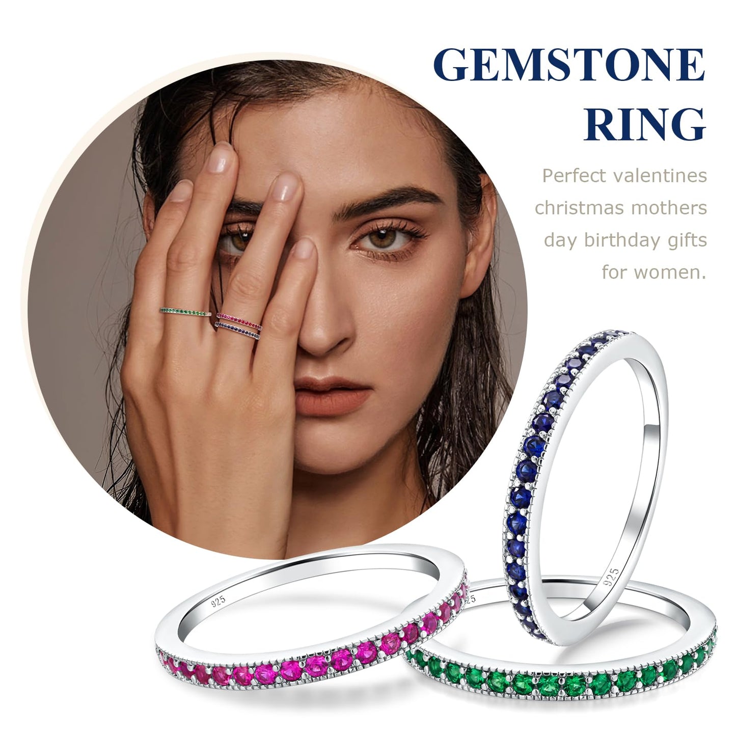 AGRULE Sapphire Eternity Band Stackable Wedding Rings for Men Women Sterling Silver Polished Finish September Birthstone Rings Saphire Ring Size 8