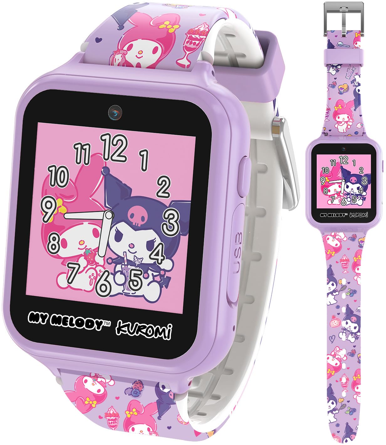 Sanrio My Melody & Kuromi Kids Smartwatch with Touchscreen – Features 10 Interactive Faces, Camera for Selfies, Voice Recorder, Step Counter, 26 Games – Pink Silicone Strap Kids Interactive Fun Watch