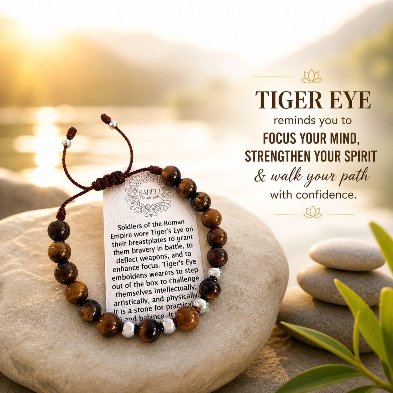 Sabeli Handmade Tiger's Eye Natural Stone Bracelet 8mm Gemstone Focus and Balance Crystal Beaded Adjustable Men and Women Gift
